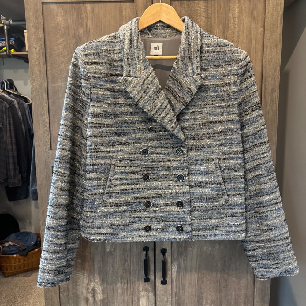 Cabi Radiance Jacket Coat 4676 Blue Grey Tweed Metallic Double Breasted Large